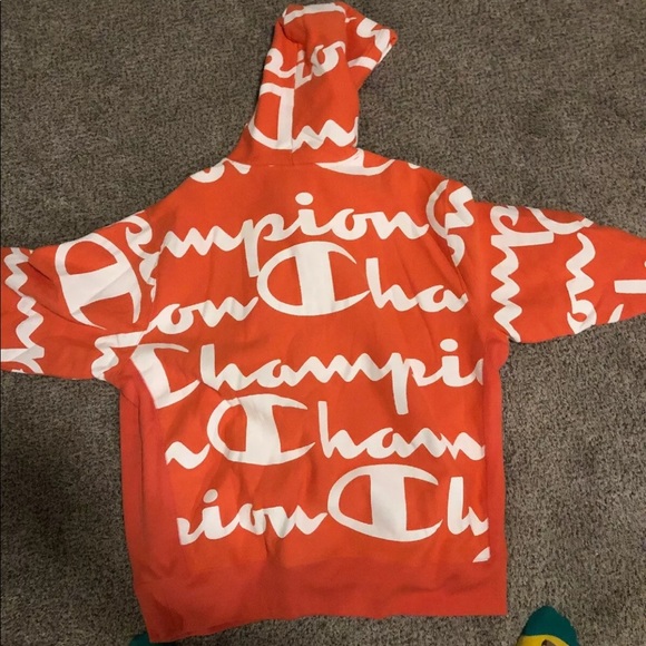 orange and white champion hoodie